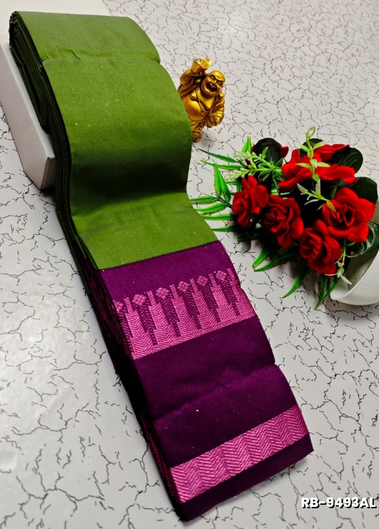 Lightweight Plain Cotton Saree with Retta Petta Zari Border - LITE GREEN