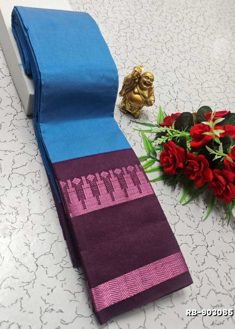 Lightweight Plain Cotton Saree with Retta Petta Zari Border - BLUE SHADE