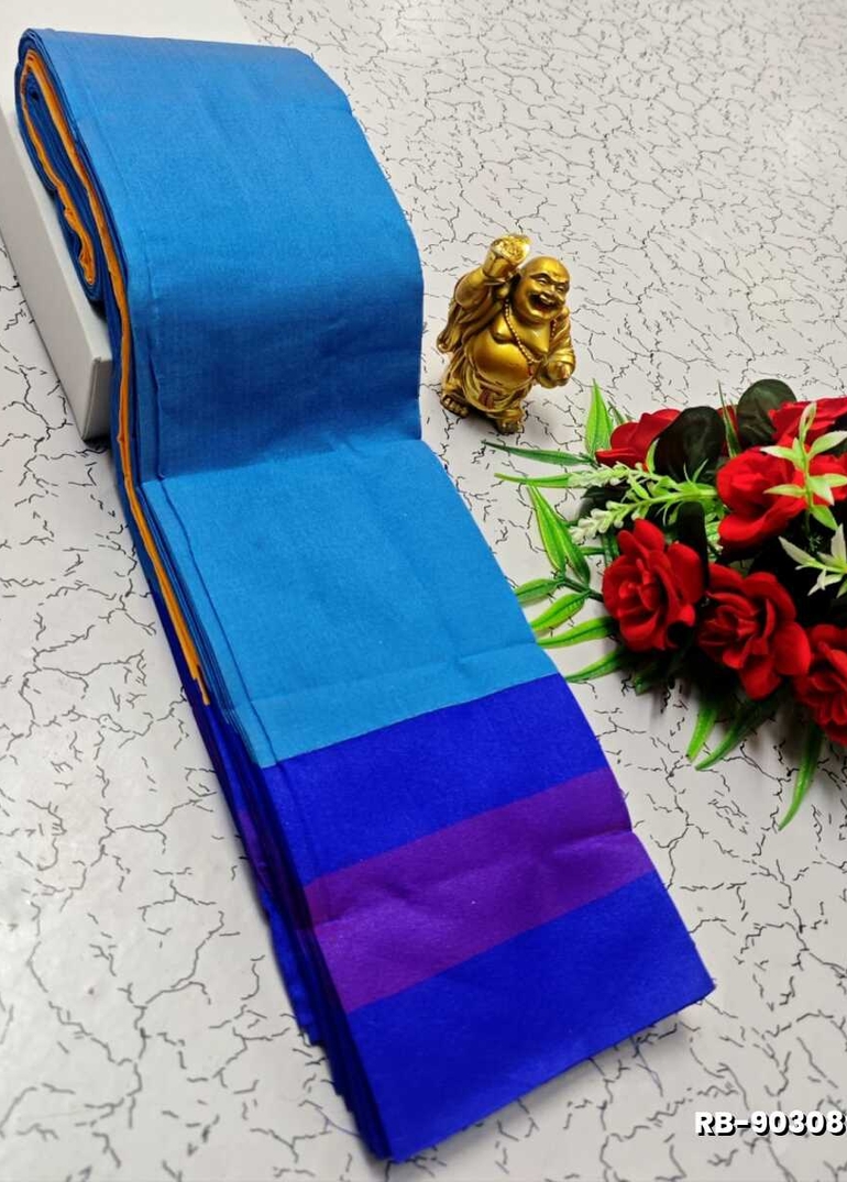 Lightweight Plain Cotton Saree with Retta Petta Zari Border - BLUE COLOUR (1)