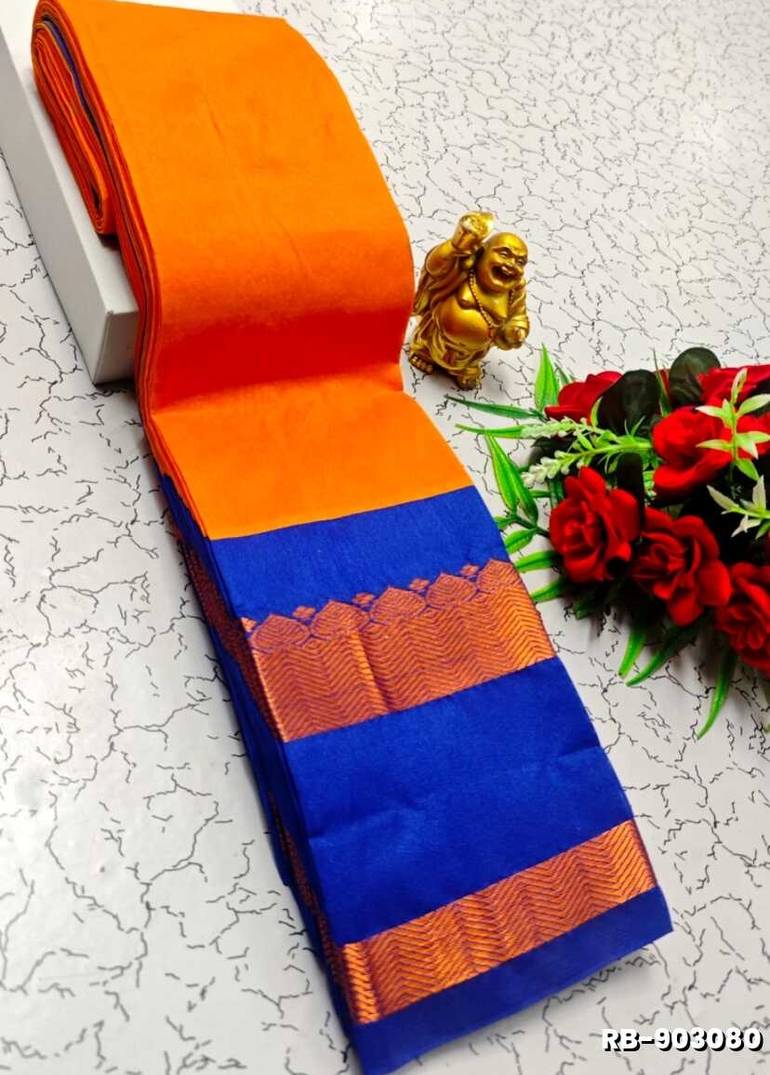 Lightweight Plain Cotton Saree with Retta Petta Zari Border - TANGERINE COLOUR (2)