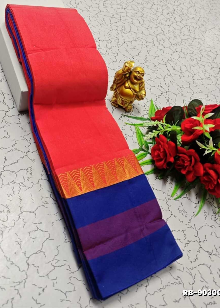 Lightweight Plain Cotton Saree with Retta Petta Zari Border - RED (1)