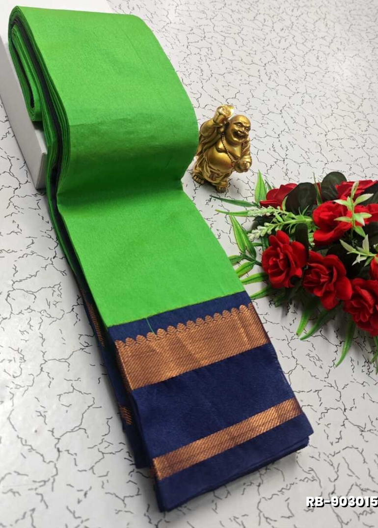 Lightweight Plain Cotton Saree with Retta Petta Zari Border - GREEN