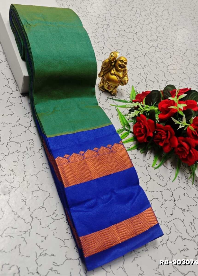 Lightweight Plain Cotton Saree with Retta Petta Zari Border - EMERALD COLOUR