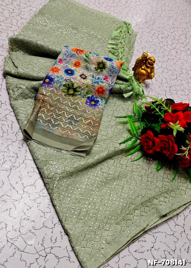 Soft Net Saree with Shimmering Weave and Designer Digital Print Blouse - LIGHT GREEN
