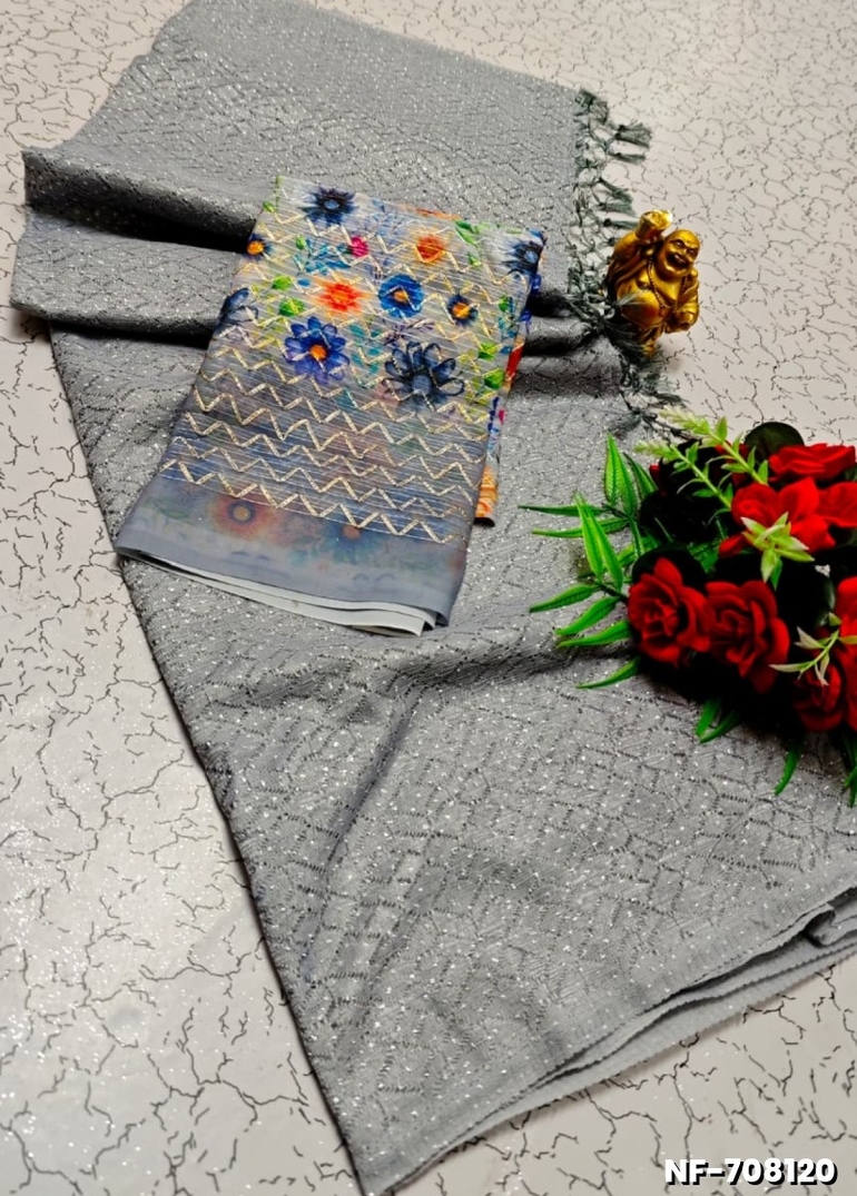 Soft Net Saree with Shimmering Weave and Designer Digital Print Blouse - AS COLOR