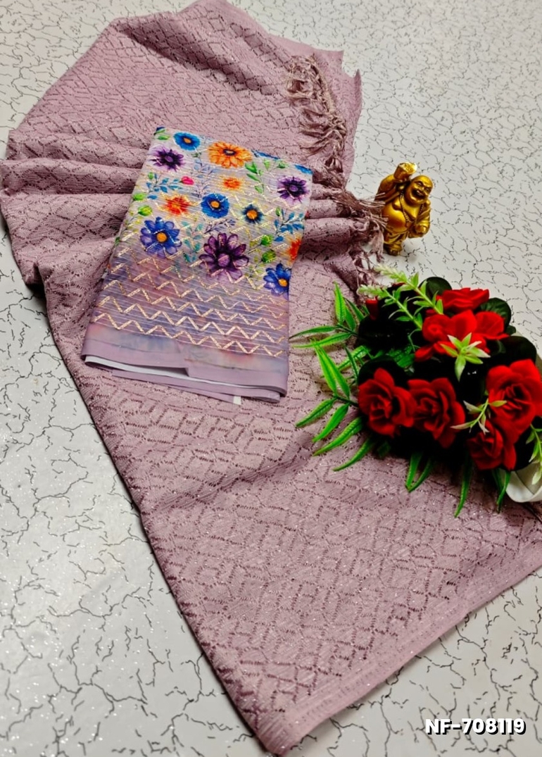 Soft Net Saree with Shimmering Weave and Designer Digital Print Blouse - LEVENDOR