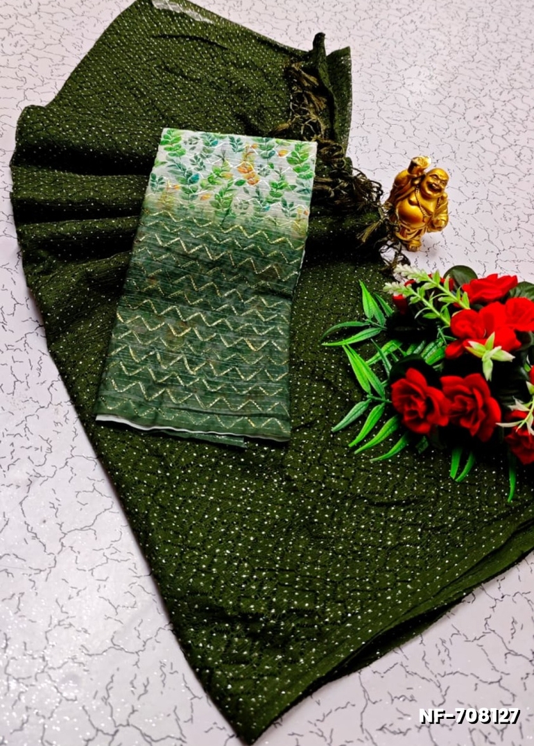 Soft Net Saree with Shimmering Weave and Designer Digital Print Blouse - MEHENDHI GREEN