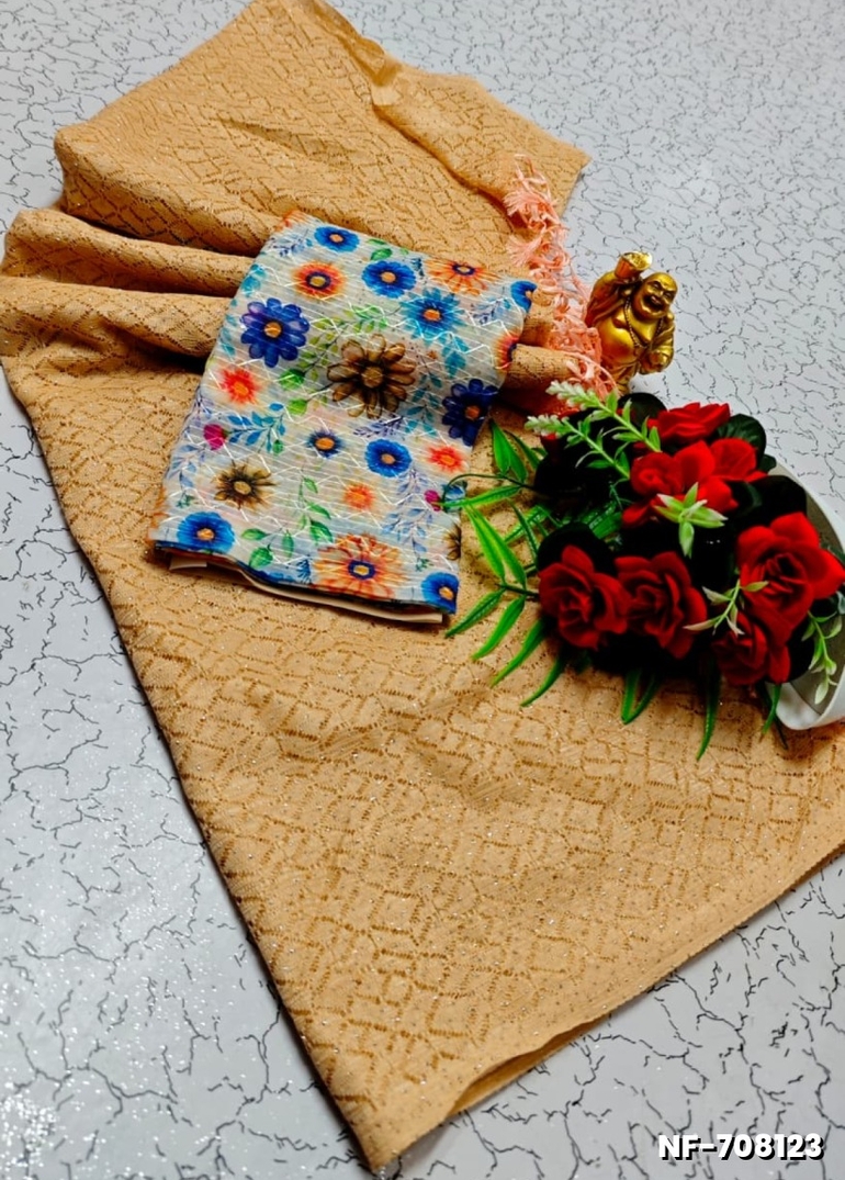 Soft Net Saree with Shimmering Weave and Designer Digital Print Blouse - LIGHT SANDLE