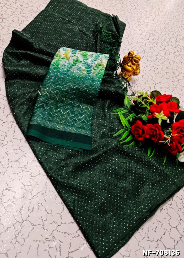 Soft Net Saree with Shimmering Weave and Designer Digital Print Blouse - BOTTLE GREEN