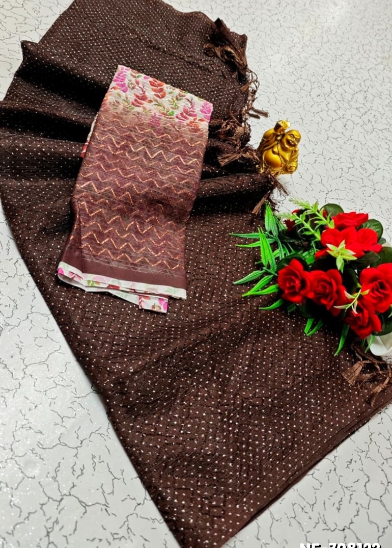 Soft Net Saree with Shimmering Weave and Designer Digital Print Blouse - COFEE BROWN