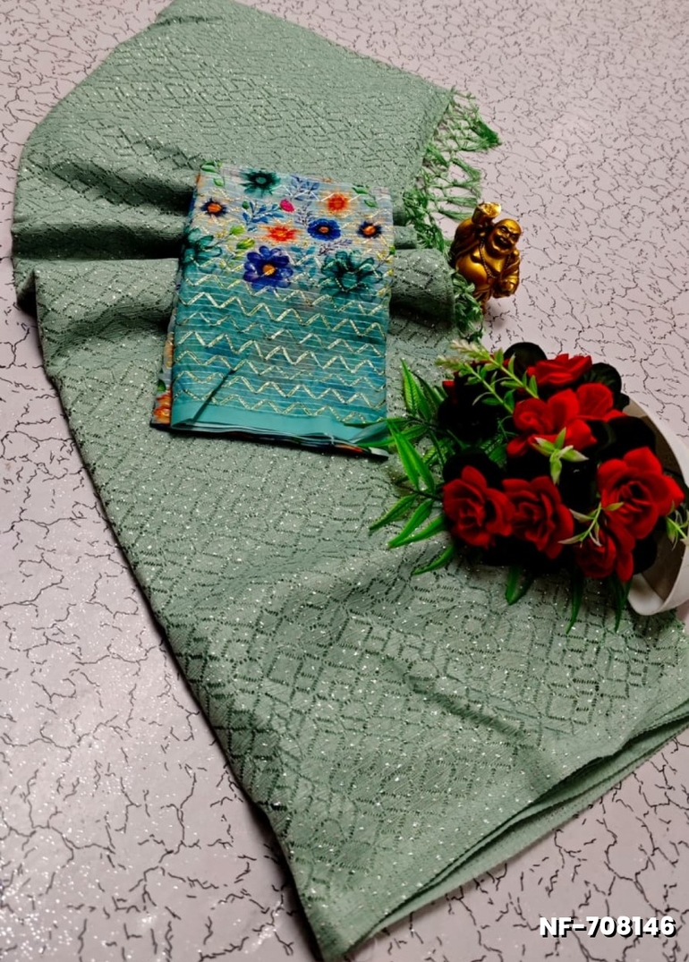 Soft Net Saree with Shimmering Weave and Designer Digital Print Blouse - LIGHT GREEN SHADE