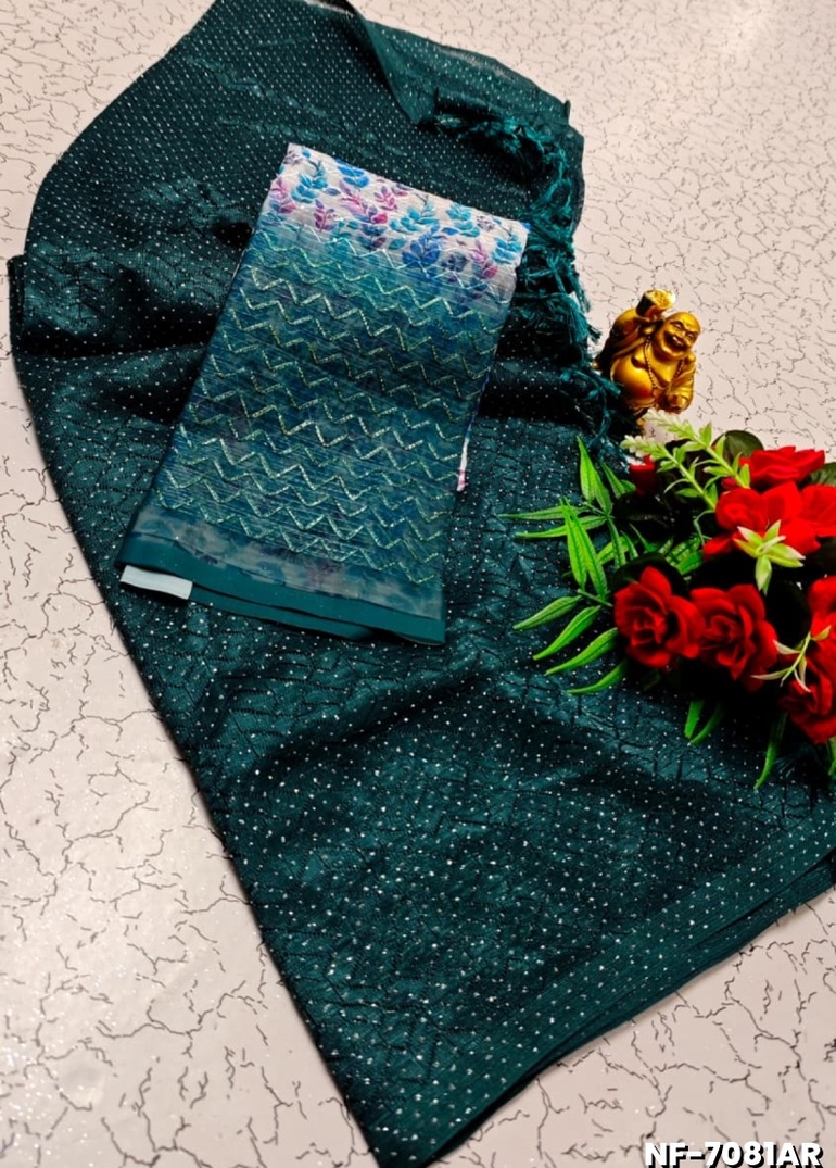 Soft Net Saree with Shimmering Weave and Designer Digital Print Blouse - PEACOCK GREEN