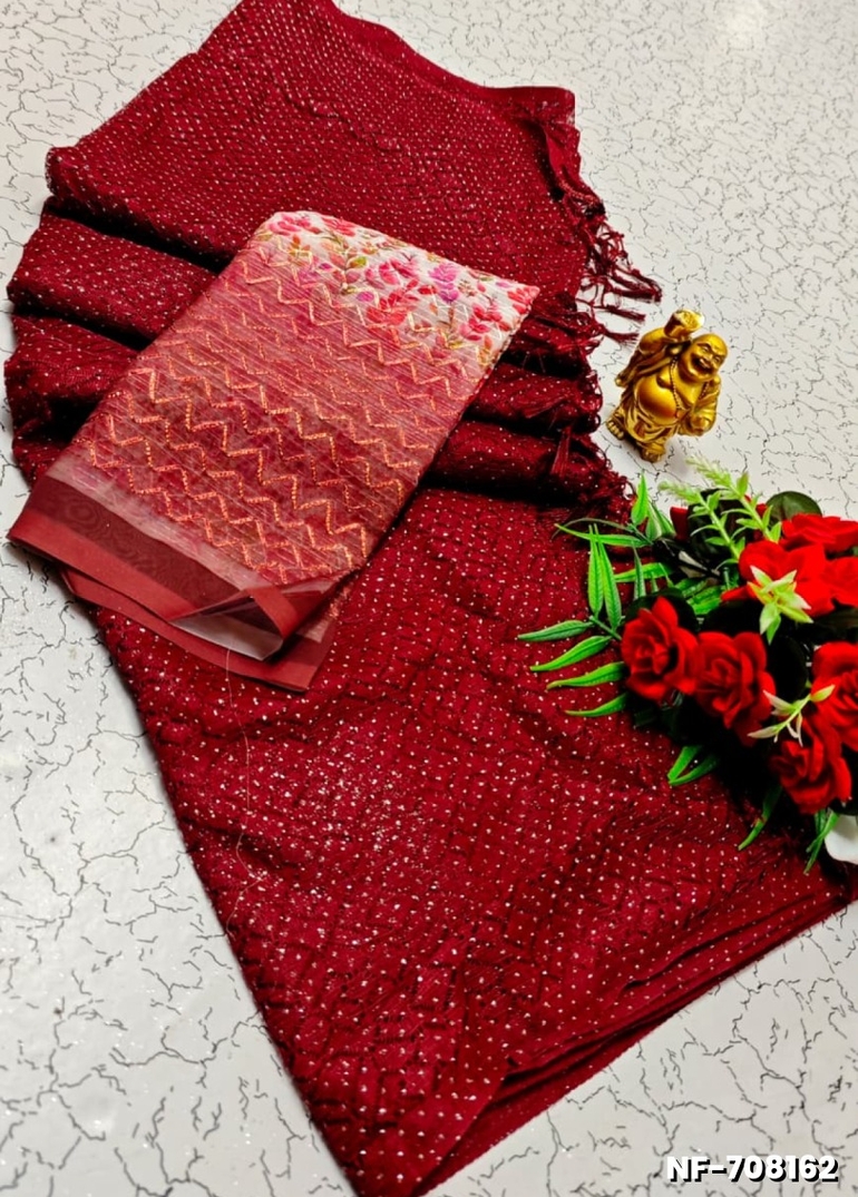 Soft Net Saree with Shimmering Weave and Designer Digital Print Blouse - MAROON COLOR