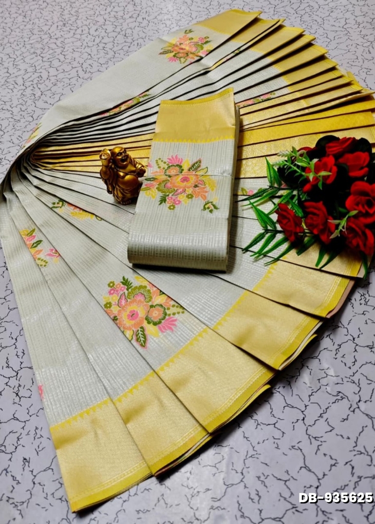 Digital Kubera Pattu Light Weight Luxurious, soft-draping Kubera Pattu Print Saree - WHITE