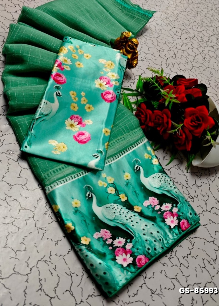 GEORGETTE FANCY SOFT SILK SAREES WITH BLOUSE  PEACOCK DESIGN MODERN FANCY ITEM SAREES - DARK SKY BLUE