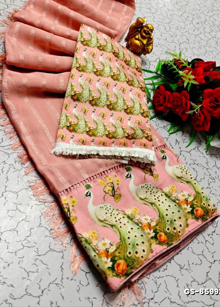 GEORGETTE FANCY SOFT SILK SAREES WITH BLOUSE  PEACOCK DESIGN MODERN FANCY ITEM SAREES - LIGHT SANDLE (1)