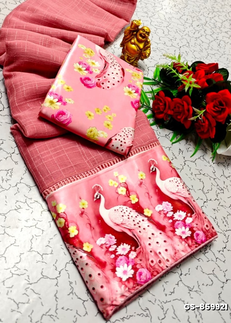 GEORGETTE FANCY SOFT SILK SAREES WITH BLOUSE  PEACOCK DESIGN MODERN FANCY ITEM SAREES - BABY PINK (1)