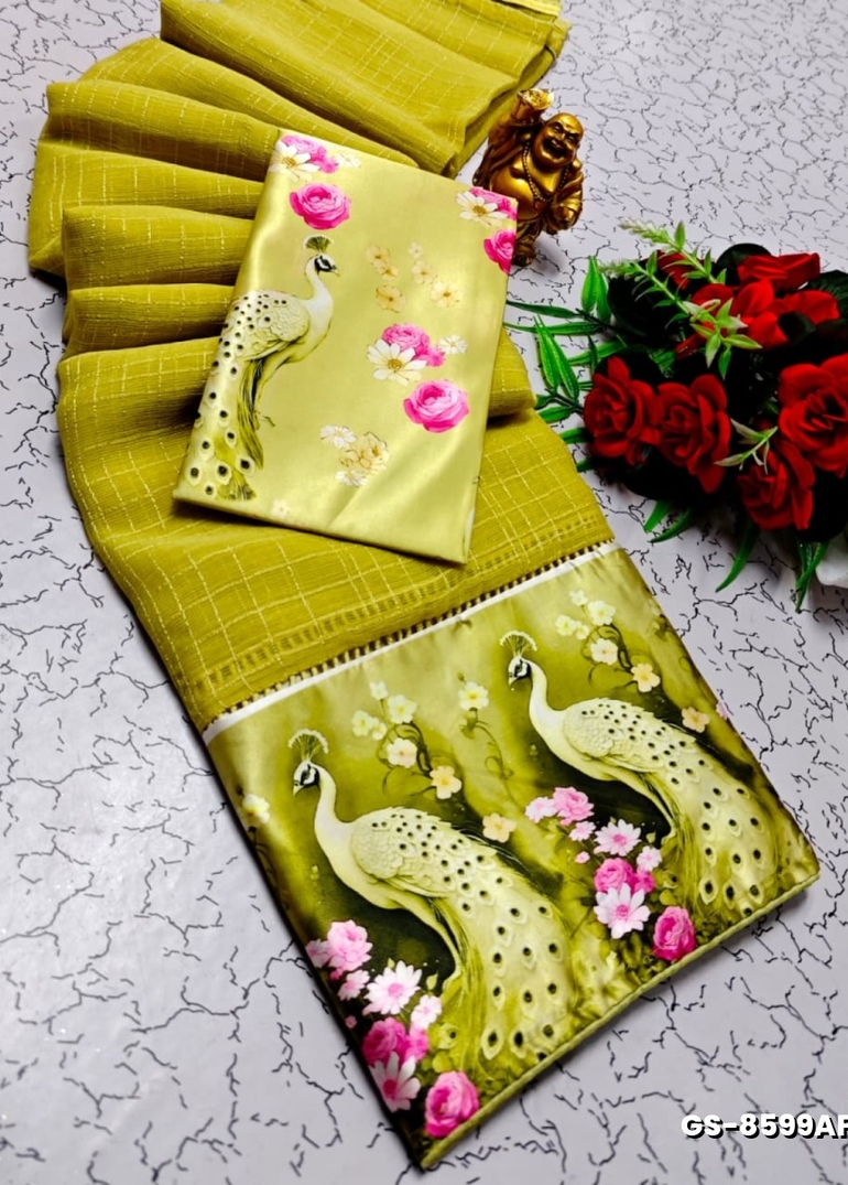 GEORGETTE FANCY SOFT SILK SAREES WITH BLOUSE  PEACOCK DESIGN MODERN FANCY ITEM SAREES - LEMON GREEN N