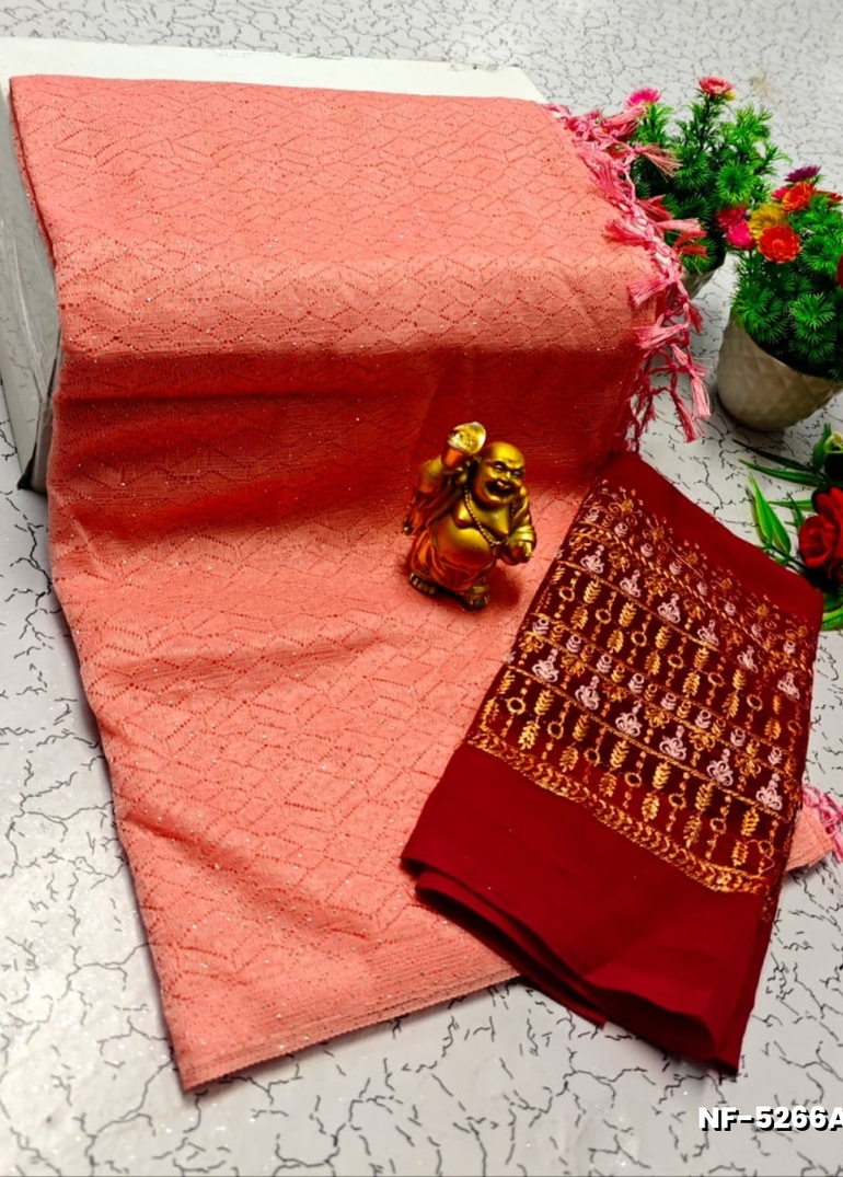 Soft Net Saree with Shimmering Weave and Designer Work Blouse - LITE PEACH