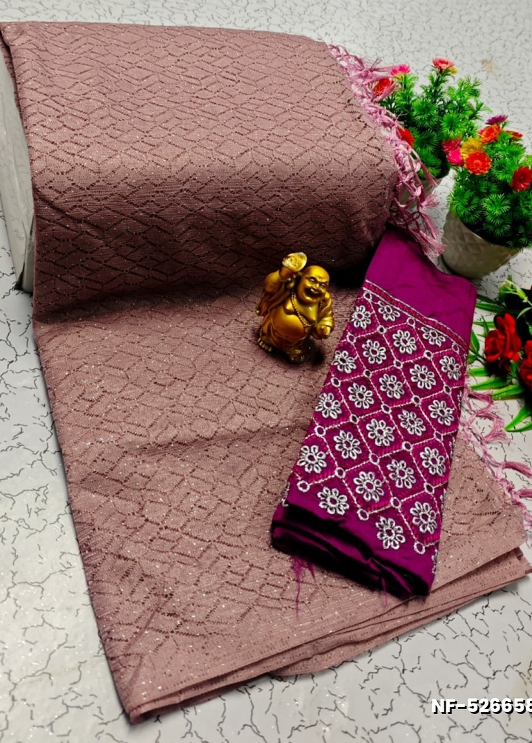 Soft Net Saree with Shimmering Weave and Designer Work Blouse - PURPLE