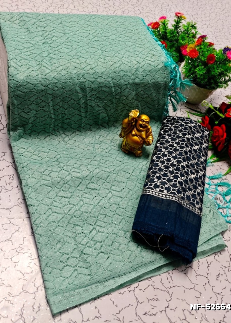 Soft Net Saree with Shimmering Weave and Designer Work Blouse - LIGHT GREEN SHADE