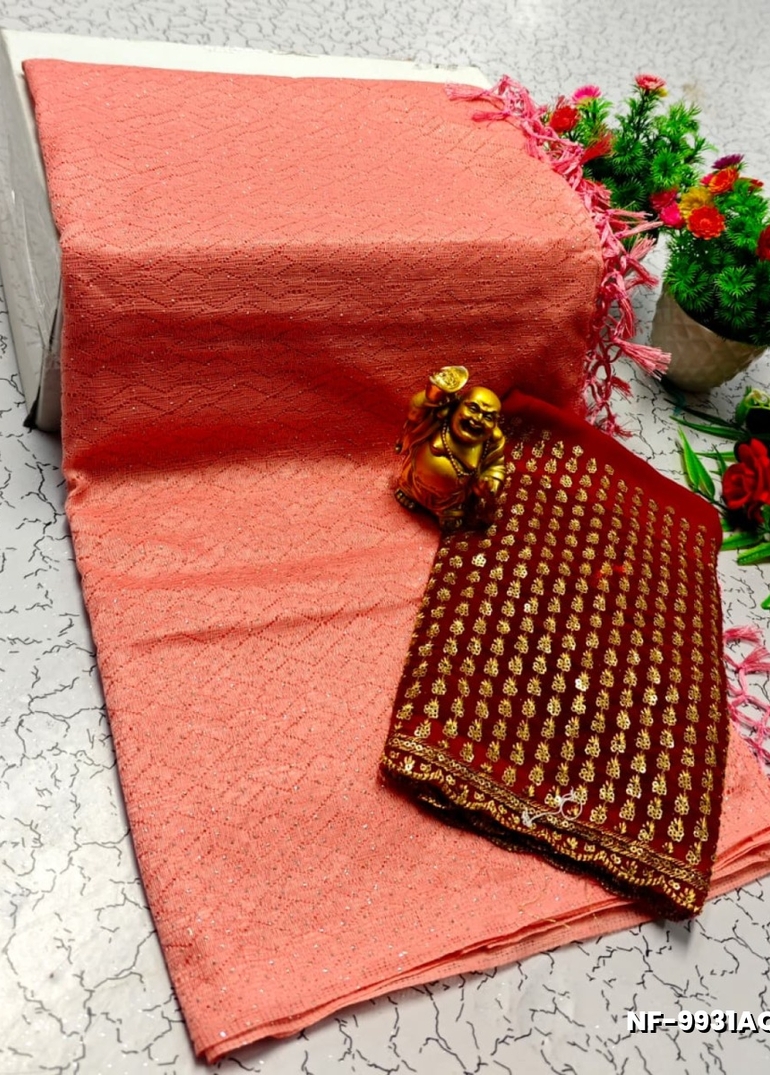 Soft Net Saree with Shimmering Weave and Designer Work Blouse - LITE PEACH (1)