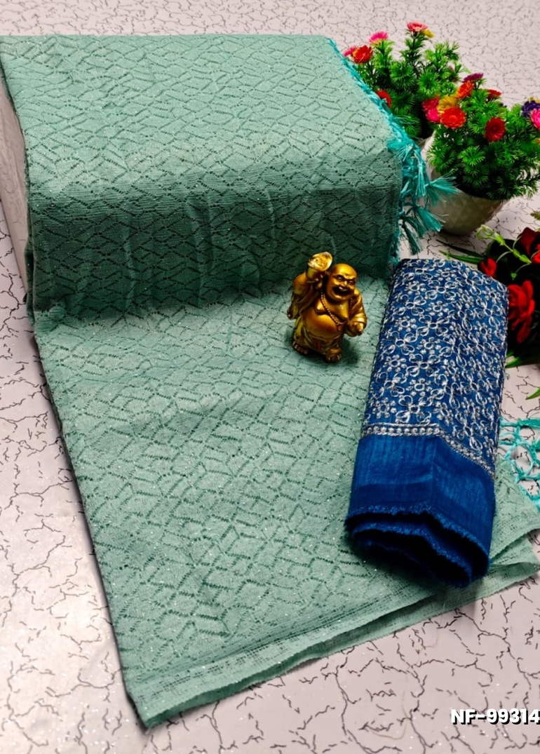 Soft Net Saree with Shimmering Weave and Designer Work Blouse - LIGHT GREEN SHADE (1)