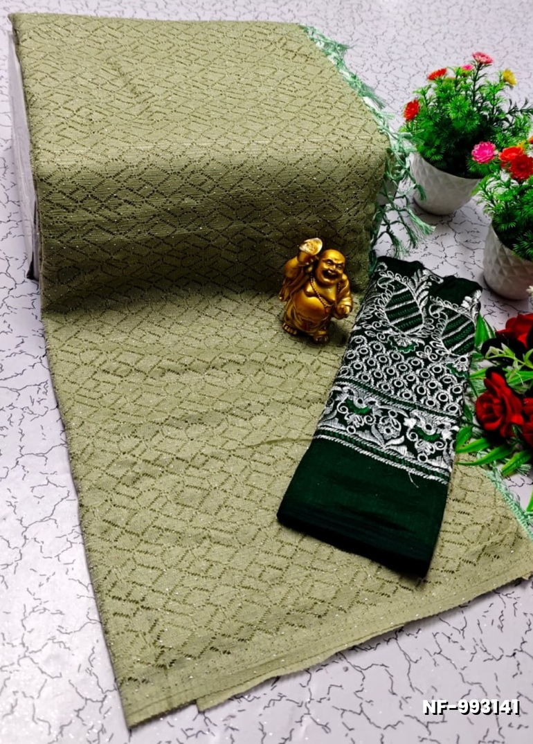 Soft Net Saree with Shimmering Weave and Designer Work Blouse - LIGHT GREEN (1)