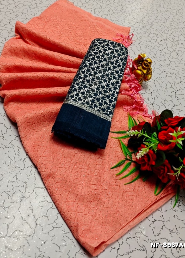 Soft Net Saree with Shimmering Weave and Designer Work Blouse - LITE PEACH (2)