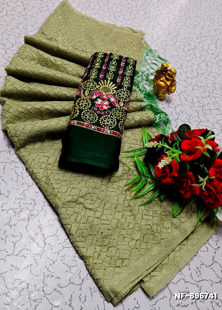 Soft Net Saree with Shimmering Weave and Designer Work Blouse - LIGHT GREEN (2)