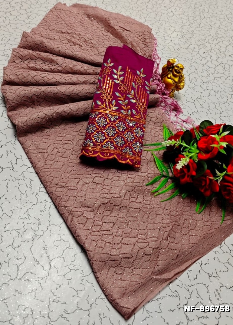 Soft Net Saree with Shimmering Weave and Designer Work Blouse - PURPLE (2)