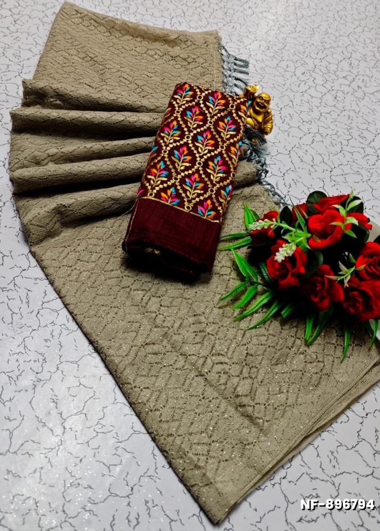 Soft Net Saree with Shimmering Weave and Designer Work Blouse - CHOCOLATE COLOR (1)