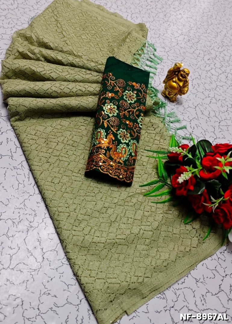 Soft Net Saree with Shimmering Weave and Designer Work Blouse - LITE GREEN