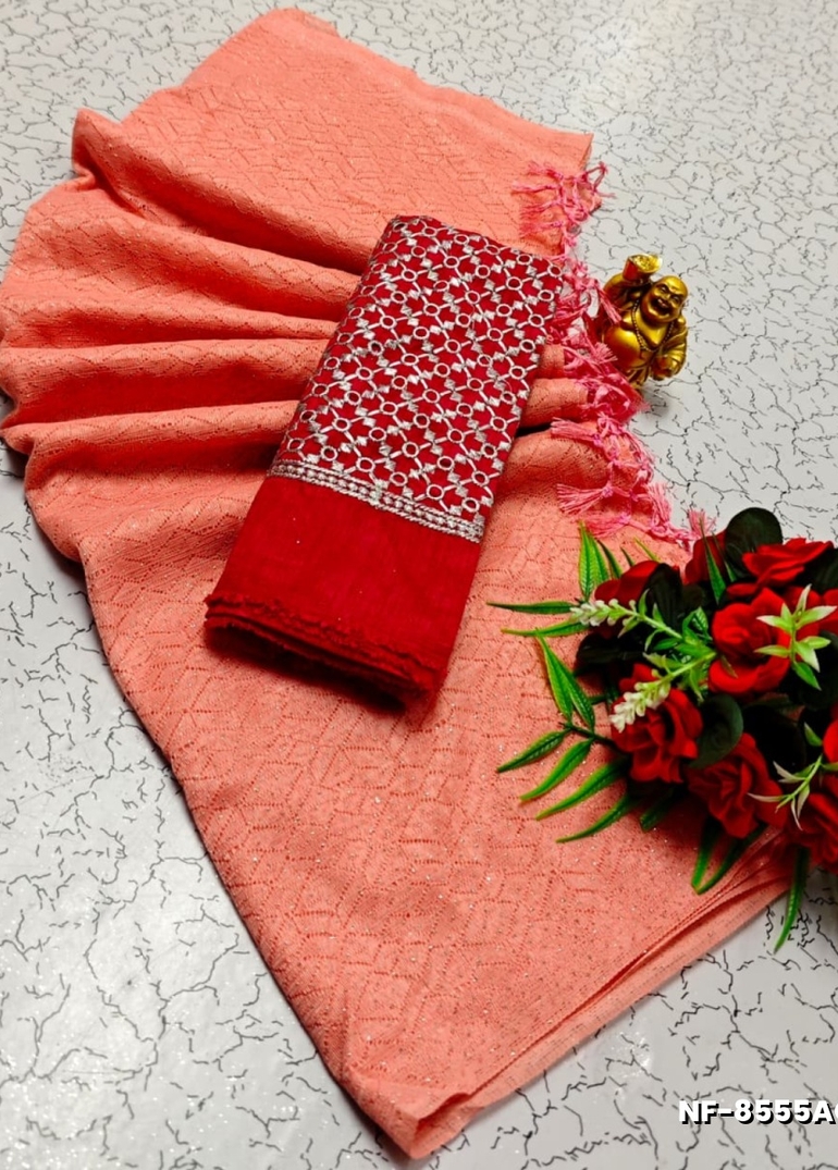 Soft Net Saree with Shimmering Weave and Designer Work Blouse - LITE PEACH (3)