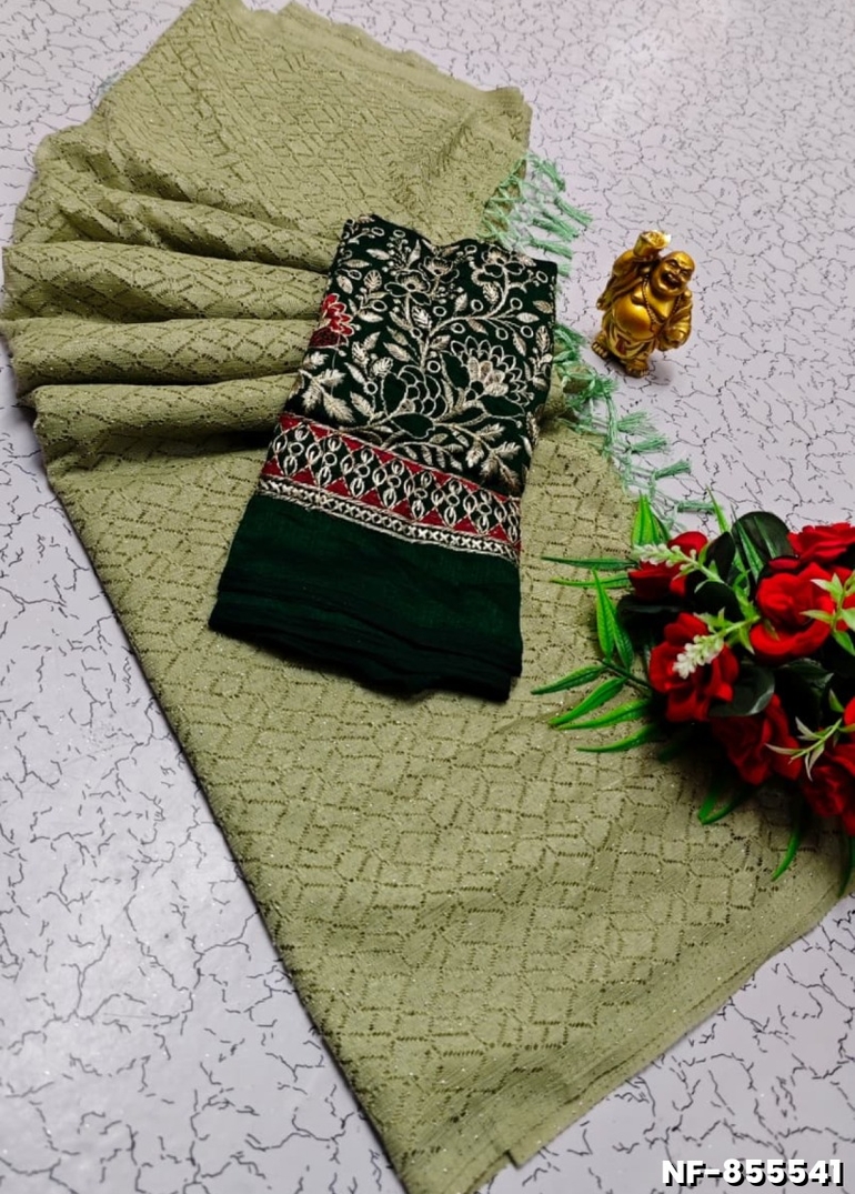 Soft Net Saree with Shimmering Weave and Designer Work Blouse - LIGHT GREEN (3)