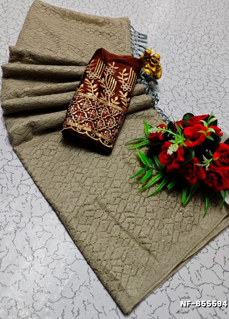 Soft Net Saree with Shimmering Weave and Designer Work Blouse - CHOCOLATE COLOR (2)