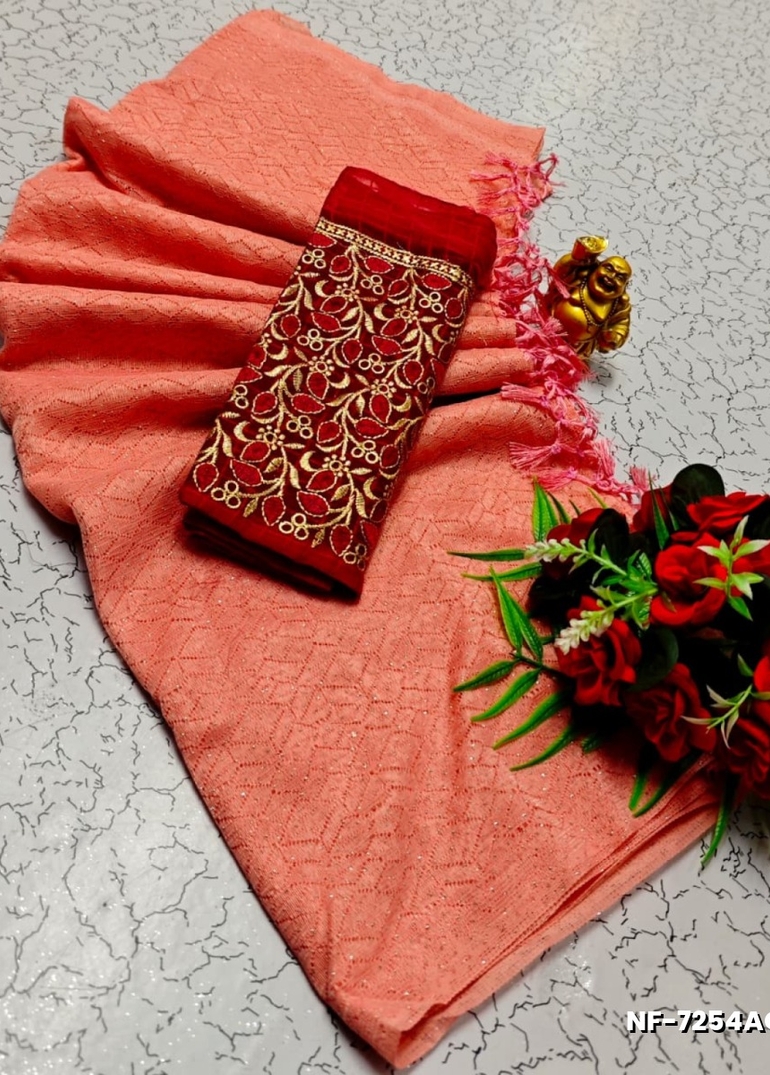 Soft Net Saree with Shimmering Weave and Designer Work Blouse - LITE PEACH (4)