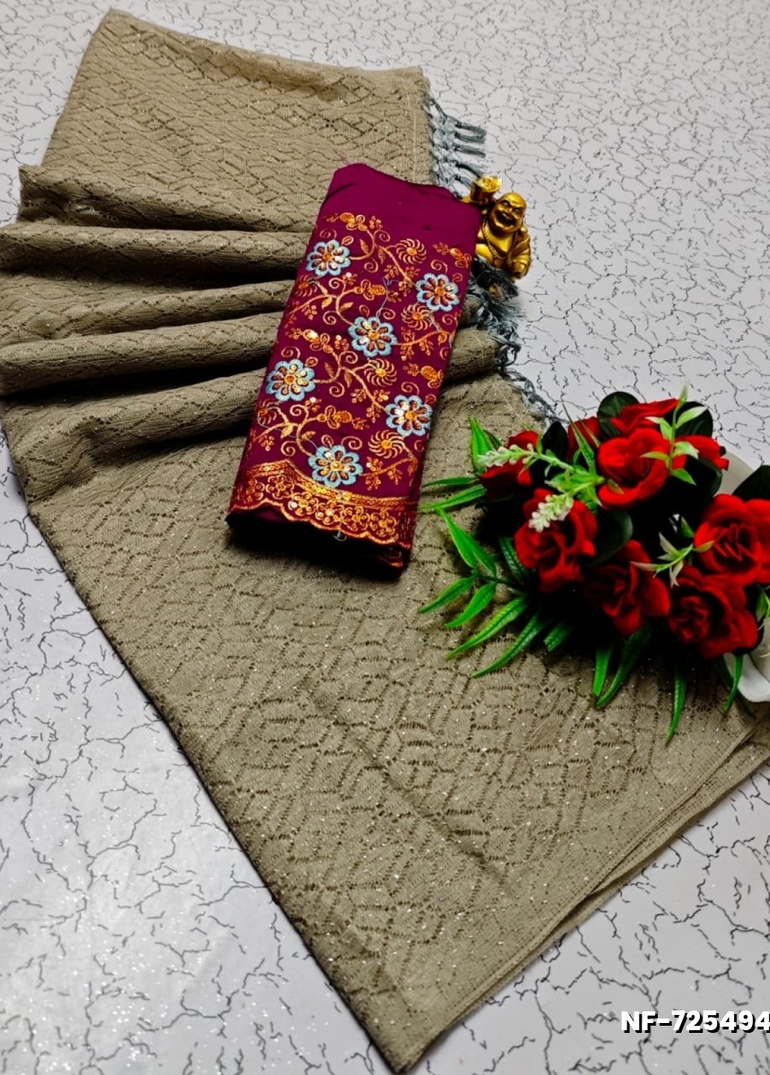 Soft Net Saree with Shimmering Weave and Designer Work Blouse - CHOCOLATE COLOR (3)