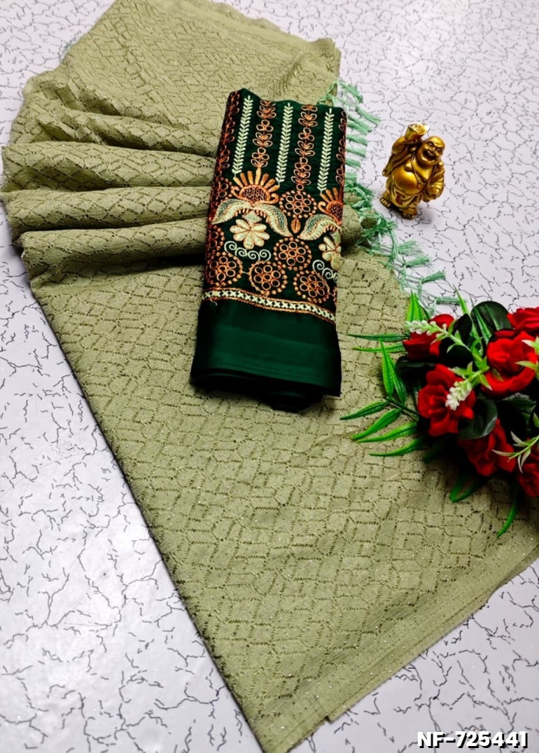Soft Net Saree with Shimmering Weave and Designer Work Blouse - LIGHT GREEN (4)