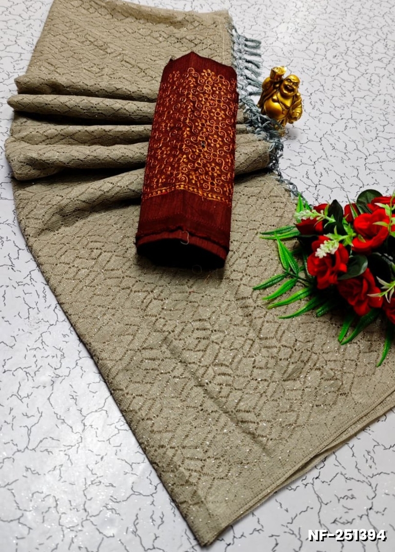 Soft Net Saree with Shimmering Weave and Designer Work Blouse - CHOCOLATE COLOR (4)