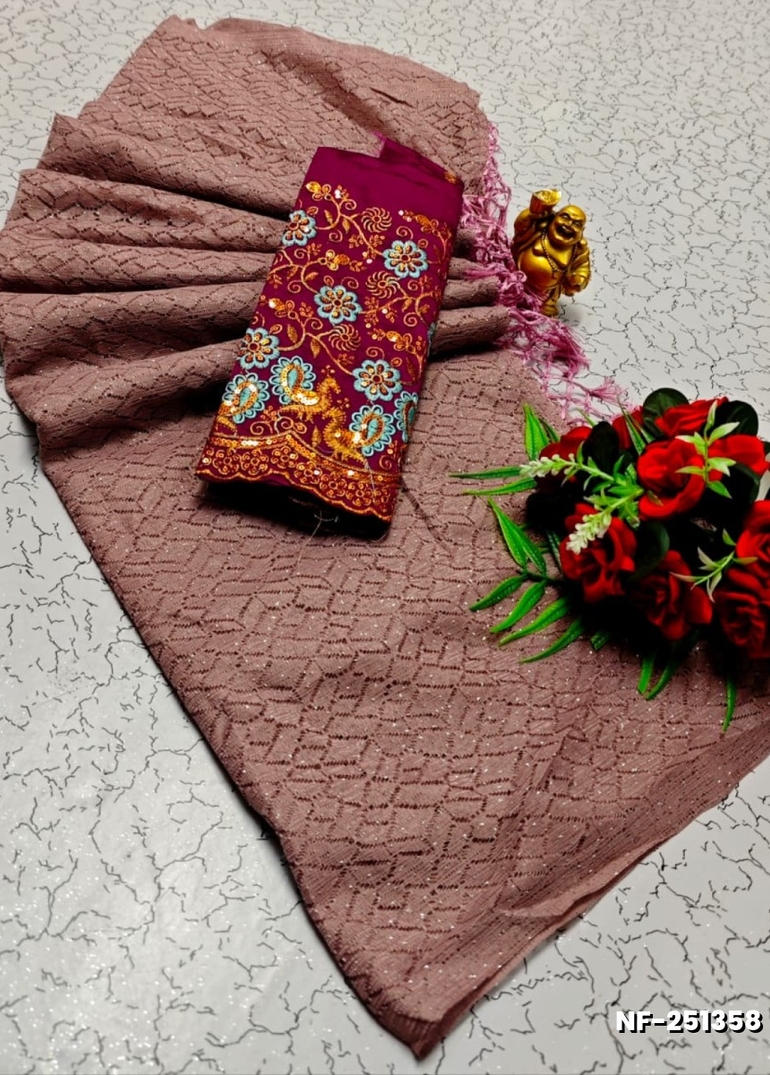 Soft Net Saree with Shimmering Weave and Designer Work Blouse - PURPLE (5)