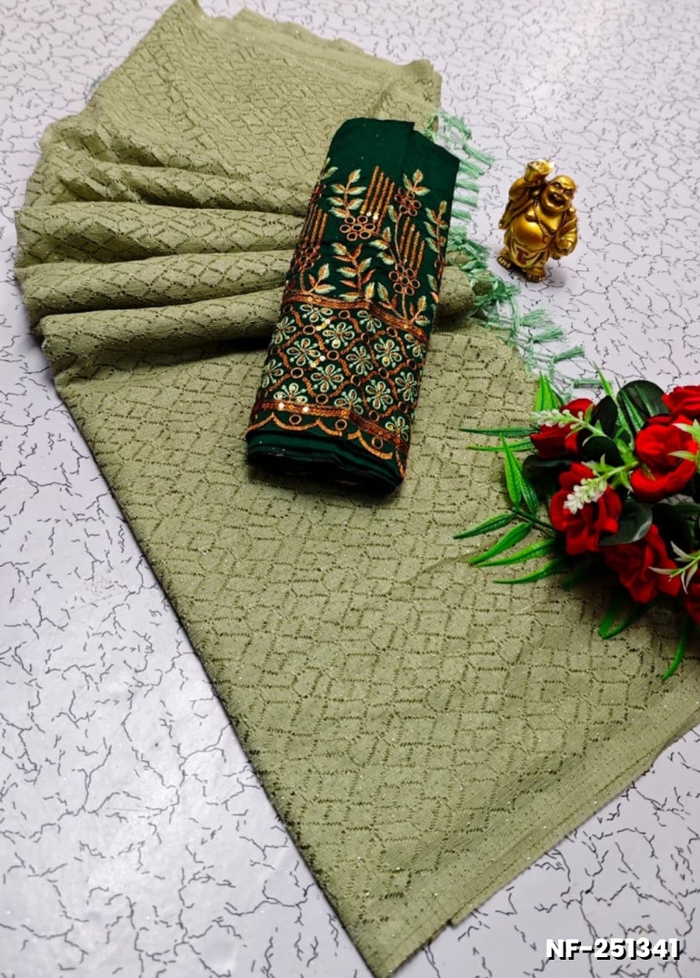 Soft Net Saree with Shimmering Weave and Designer Work Blouse - LIGHT GREEN (5)
