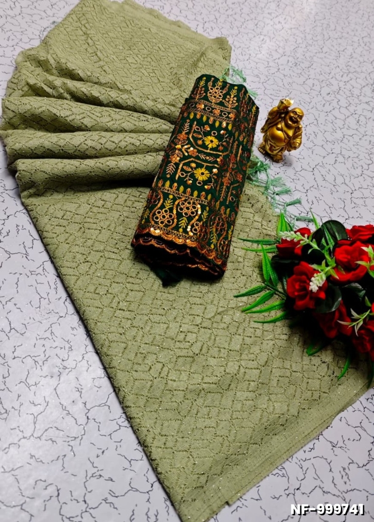 Soft Net Saree with Shimmering Weave and Designer Work Blouse - LIGHT GREEN (6)