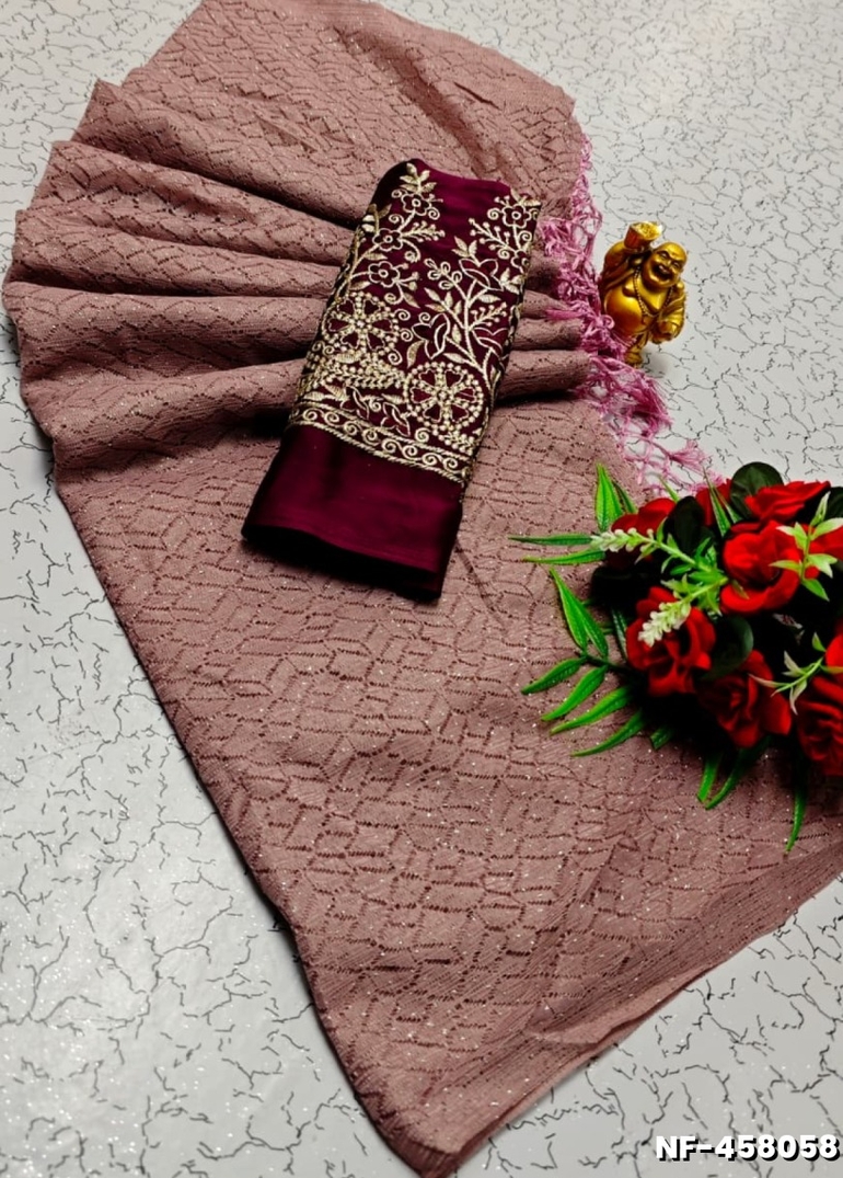 Soft Net Saree with Shimmering Weave and Designer Work Blouse - PURPLE (7)