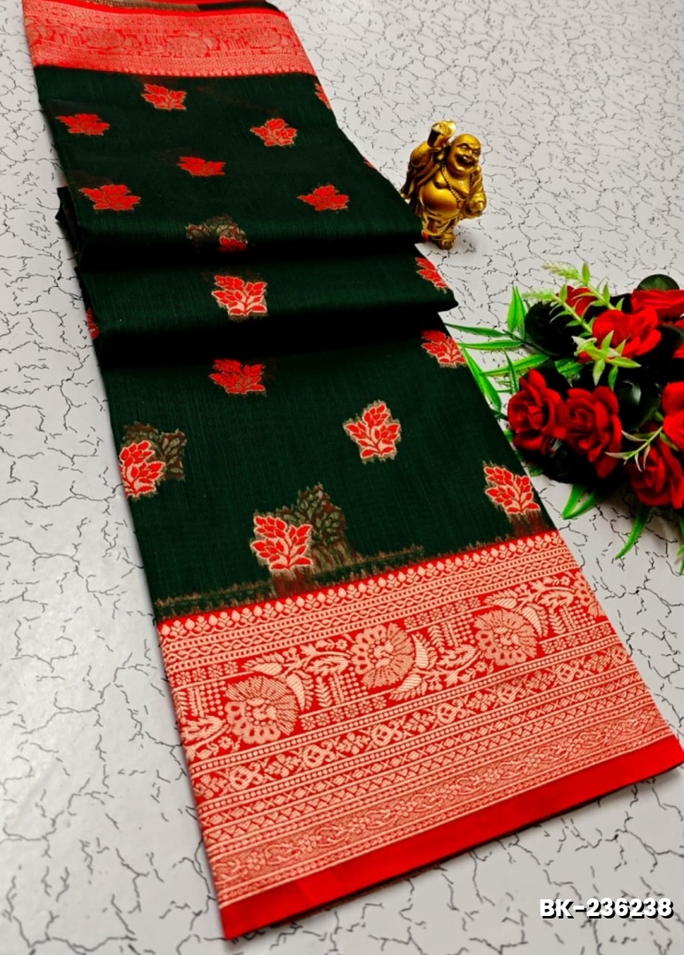Banaras with our banarasi cotton fabric — a beautiful fusion of classic artistry and breathable comfort wear saree - DARK GREEN