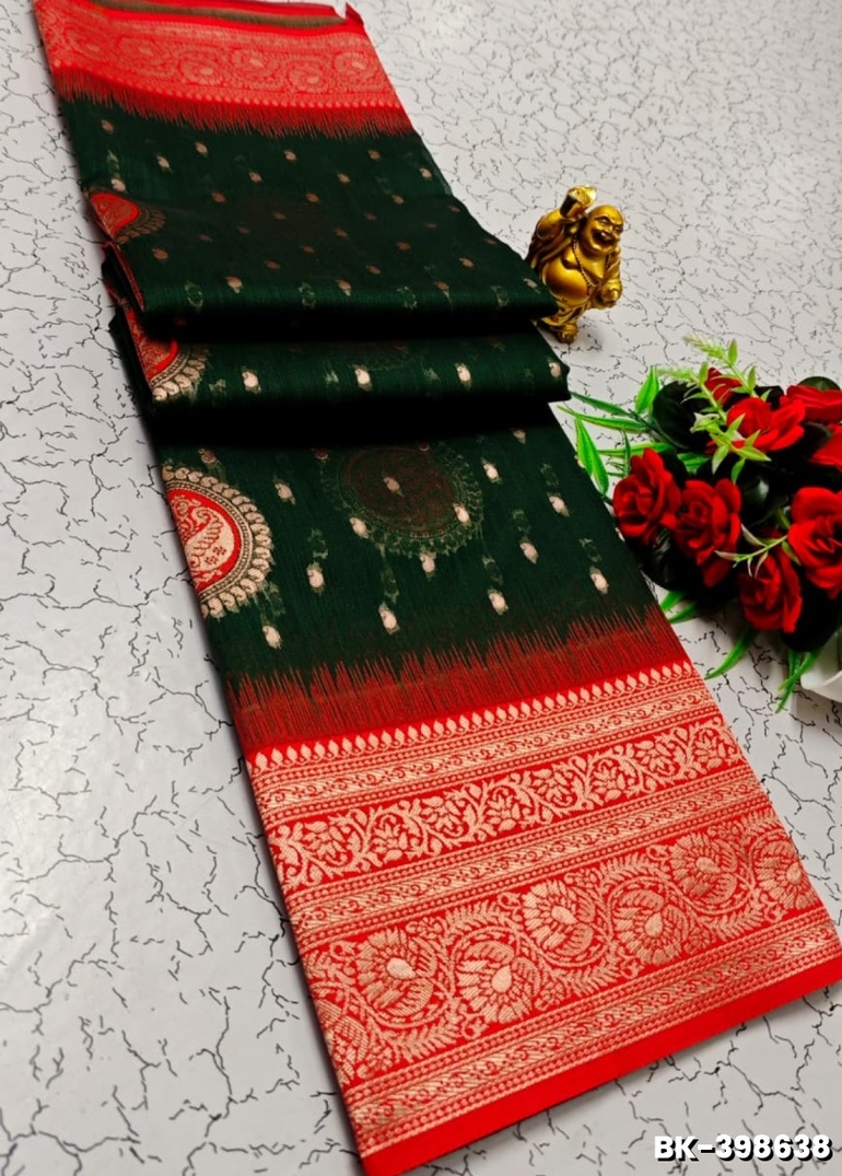 Banaras with our banarasi cotton fabric — a beautiful fusion of classic artistry and breathable comfort wear saree - DARK GREEN (1)