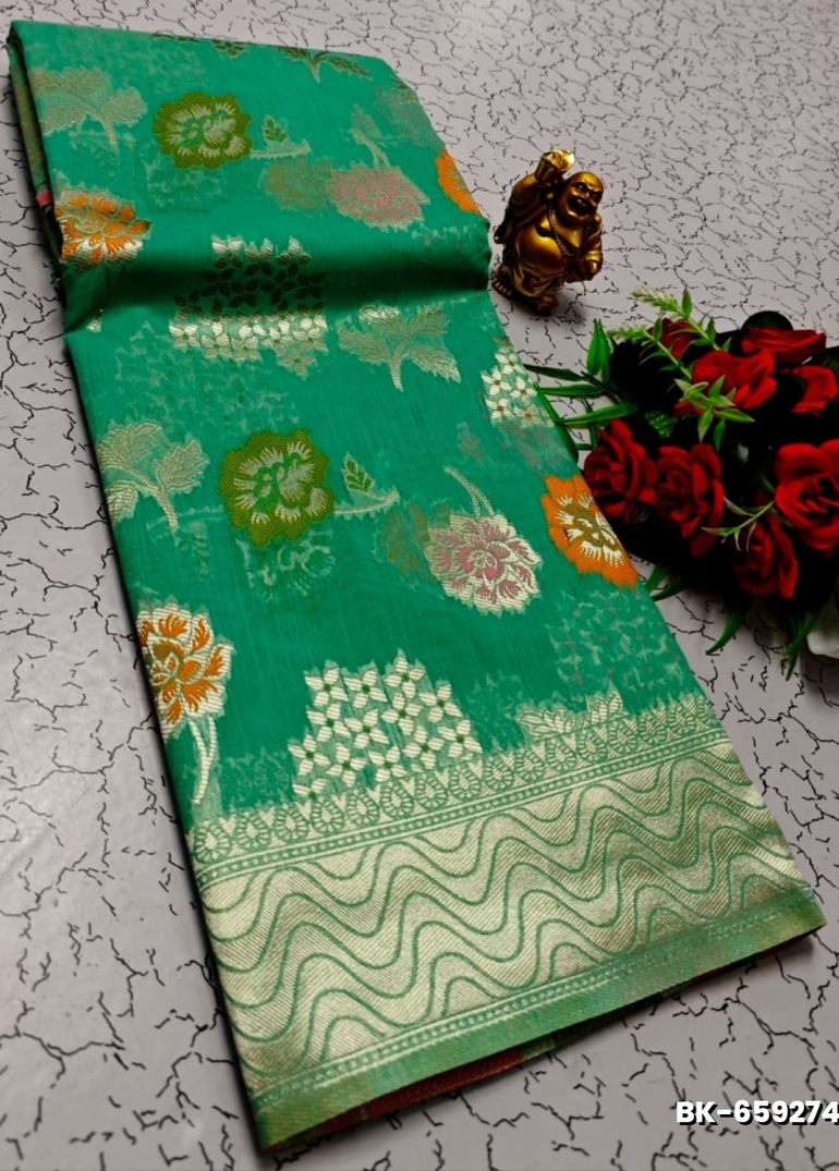 Banaras with our banarasi cotton fabric a beautiful fusion of classic artistry and breathable comfort wear saree - EMERALD COLOUR