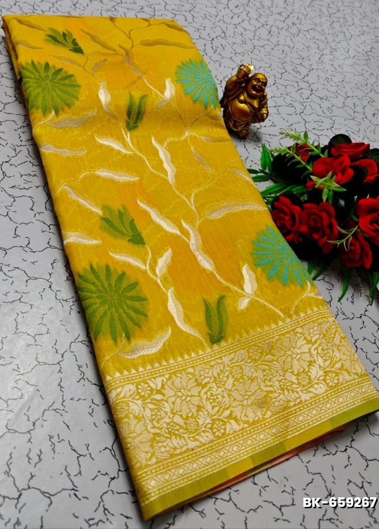Banaras with our banarasi cotton fabric a beautiful fusion of classic artistry and breathable comfort wear saree - GOLD COLOUR