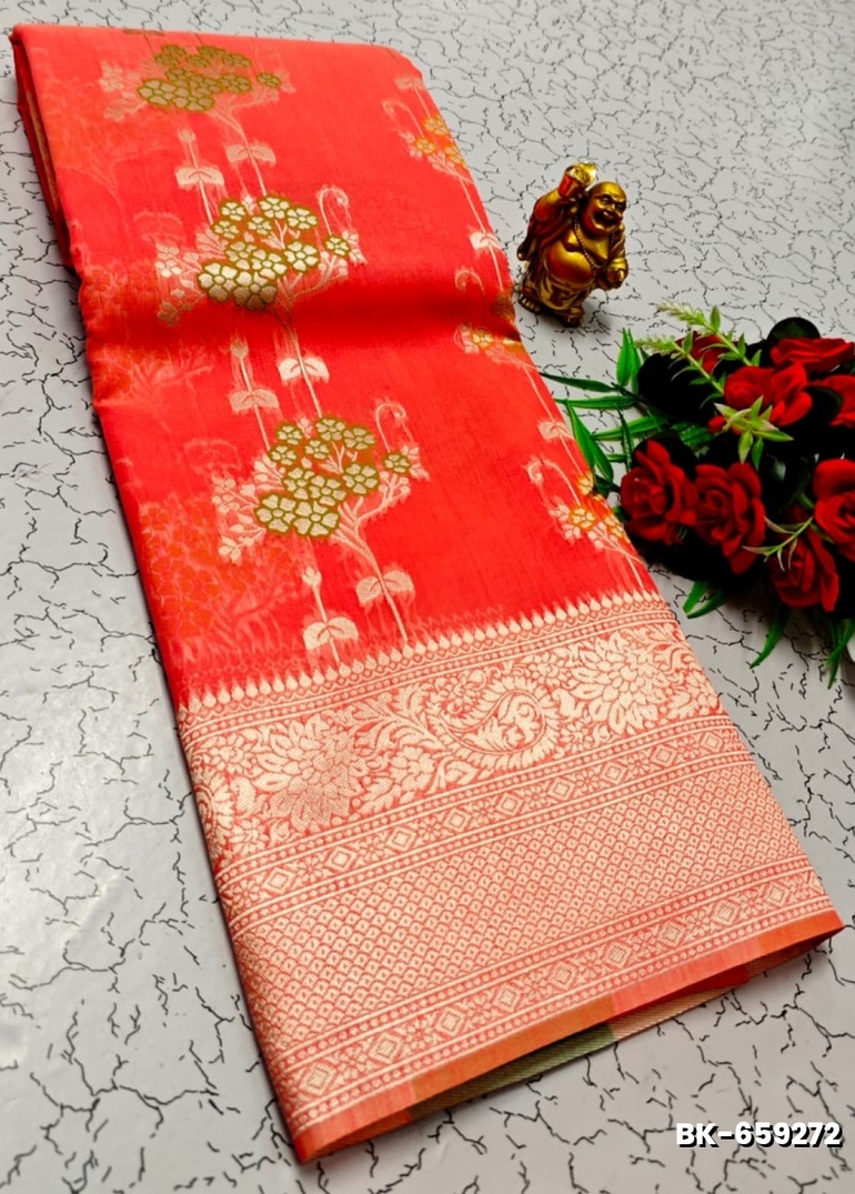 Banaras with our banarasi cotton fabric a beautiful fusion of classic artistry and breathable comfort wear saree - CORAL COLOUR
