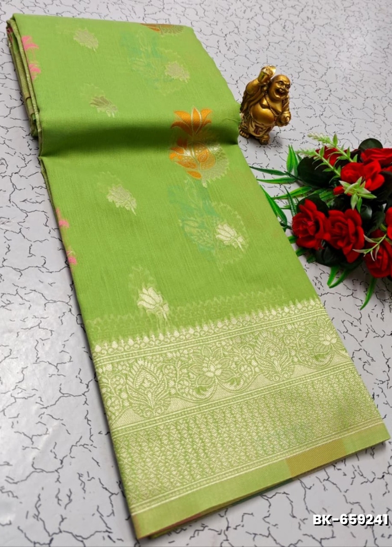 Banaras with our banarasi cotton fabric a beautiful fusion of classic artistry and breathable comfort wear saree - LIGHT GREEN